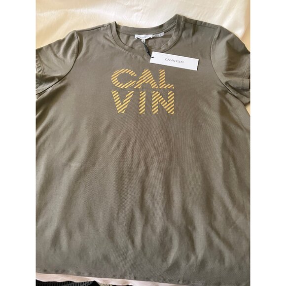 Calvin Klein Olive Gold Round neck Tee Top T-shirt Short Sleeves Size L - Picture 3 of 12